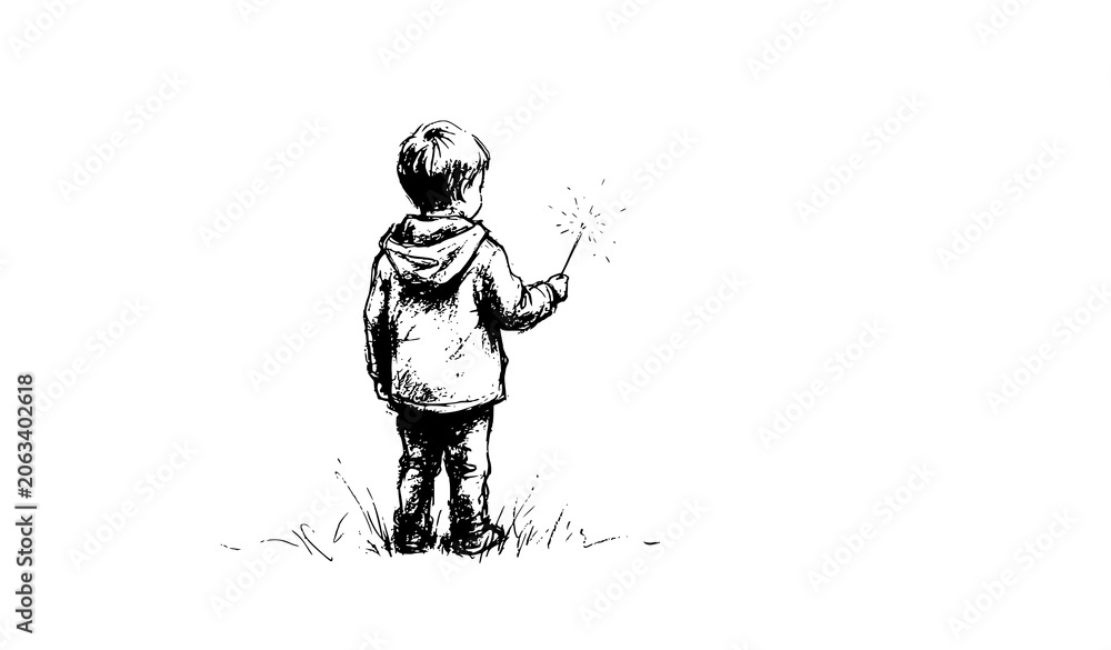 Fototapeta premium Little boy holding sparkler firework pencil sketch vector illustration