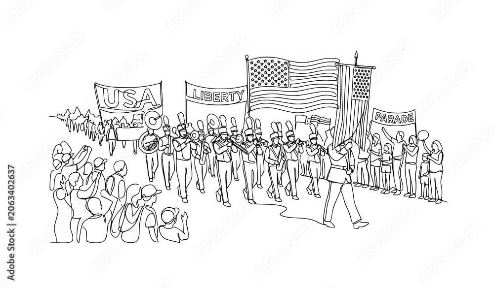 Obraz premium USA independence day parade marching band continuous line art vector
