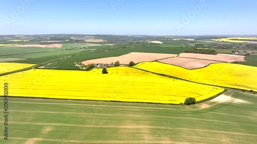 Rapeseed fields and Farms over Bere Regis from a drone, Dorset, England