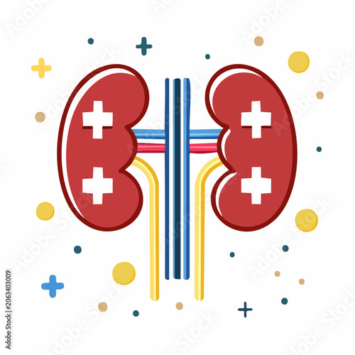 Stylized Illustration of Human Kidneys with Medical Crosses