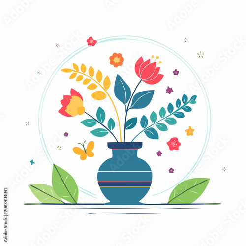 Vase of Flowers and Butterfly Illustration