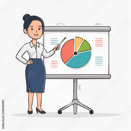 Businesswoman presenting pie chart on whiteboard