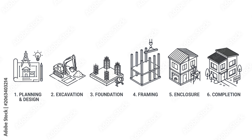 Naklejka premium House Construction Stages: Design, Excavation, Foundation, Framing, Enclosure, Completion