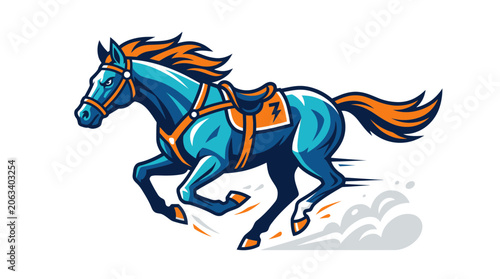 Εκτύπωση καμβά Dynamic Blue Horse Galloping with Orange Mane and Saddle, Speeding Motion