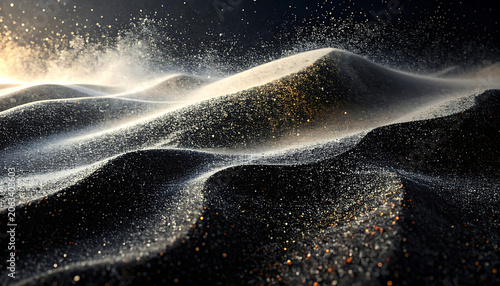 Abstract flowing dunes with glittering particles, dark sand texture, light diffusion