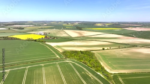 Rapeseed fields and Farms over Bere Regis from a drone, Dorset, England