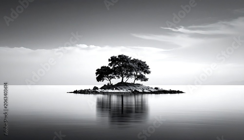 Black and white landscape featuring a solitary island with trees and its reflection in calm water