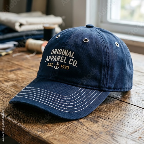 Blue denim cap with embroidered logo on wooden surface.