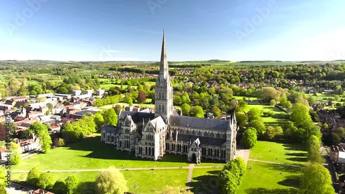 Salisbury Cathedral from a drone, Salisbury, Wiltshire, England, Europe