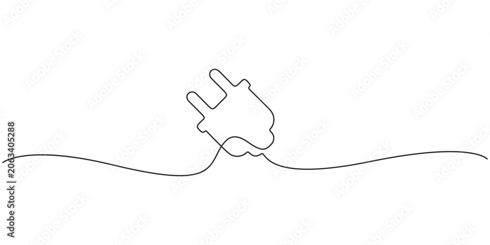 Obraz premium Power plug single line drawing of electric wire connector vector illustration. Minimalist continuous line art vector of an electric power plug for energy tech branding.