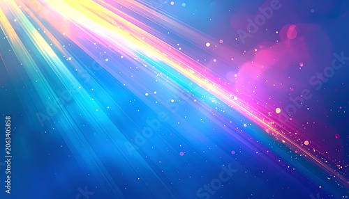 Abstract background with diagonal beams of colorful light, lens flares, and floating particles in a vibrant glowing atmosphere