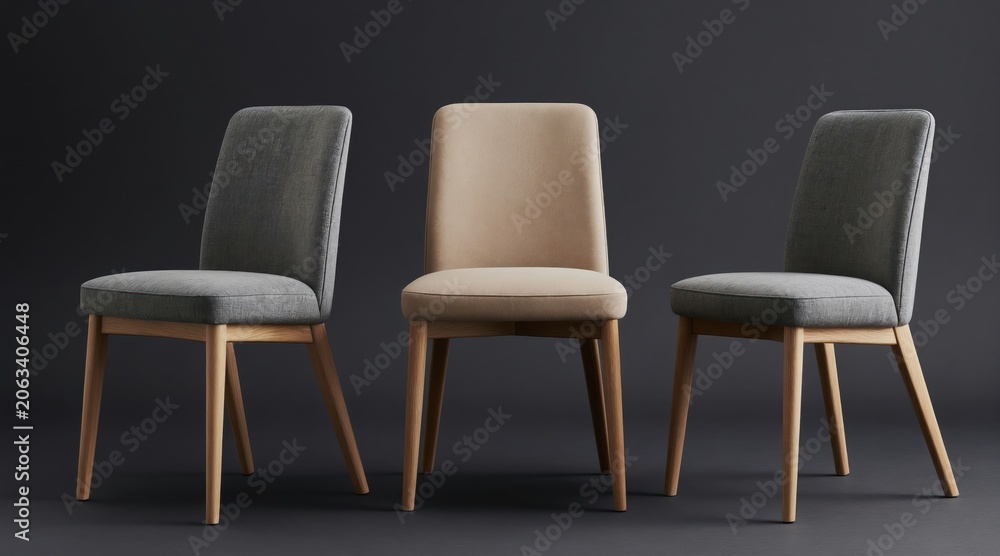 Obraz premium Three modern dining chairs with fabric seats, backs feature slim wooden legs. Neutral tones of grey, beige suit contemporary interiors. Simple yet elegant, furniture set adds minimalist style to room.