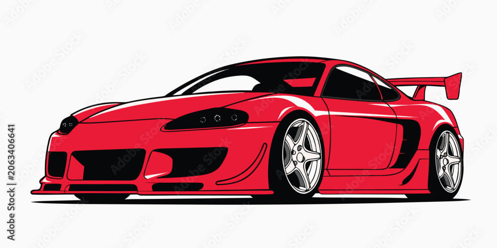 Naklejka premium Stylized red vector illustration of a modified sports car with an aggressive wide body kit