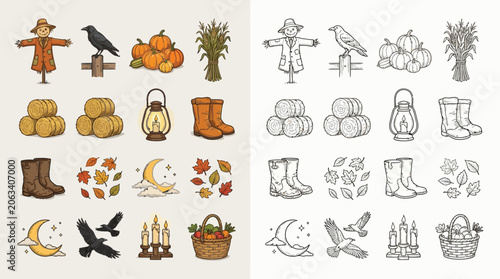 Bild auf Leinwand Collection of Autumn and Harvest Icons, including scarecrow, crow, pumpkins, hay bales, leaves, and moon
