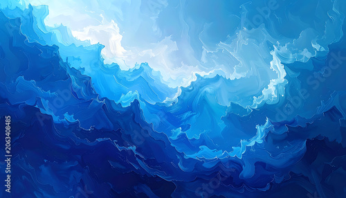 Abstract deep blue ocean waves, liquid swirling pattern with light foam texture, maritime and nautical backdrop for serene digital media
