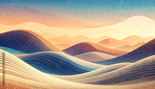 Abstract desert dunes landscape with flowing lines, sunset atmosphere, warm gradient tones, textured layers for wallpaper