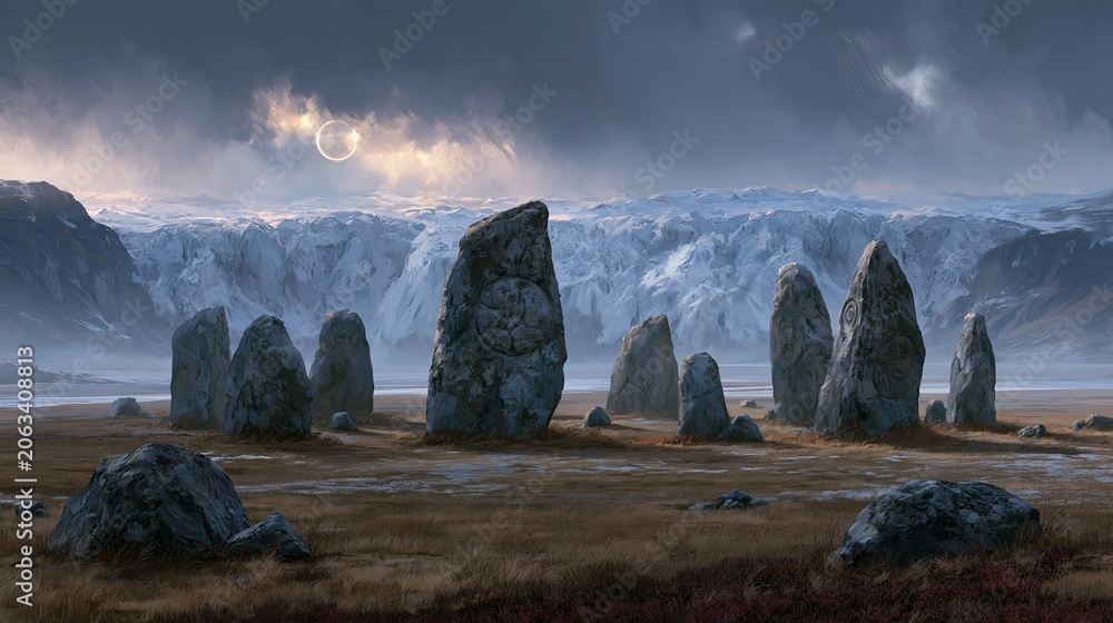 Obraz premium Cinematic reconstruction of an ancient stone circle on open plains with a distant ice-age glacier under stormy skies. Cold dawn light, wide landscape composition, enigmatic mood, textured realism.