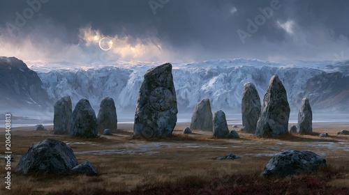 Cinematic reconstruction of an ancient stone circle on open plains with a distant ice-age glacier under stormy skies. Cold dawn light, wide landscape composition, enigmatic mood, textured realism.