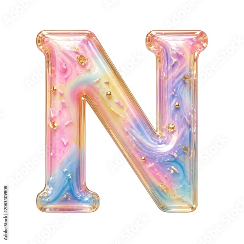 3D Pastel Rainbow Marble Letter N with Sweet Candy Sprinkles Typography