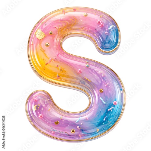 Glossy rainbow letter S with gold trim and sprinkles