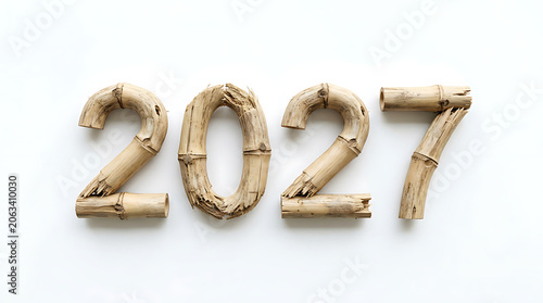 The year 2027 written with natural bamboo sticks on a white background.