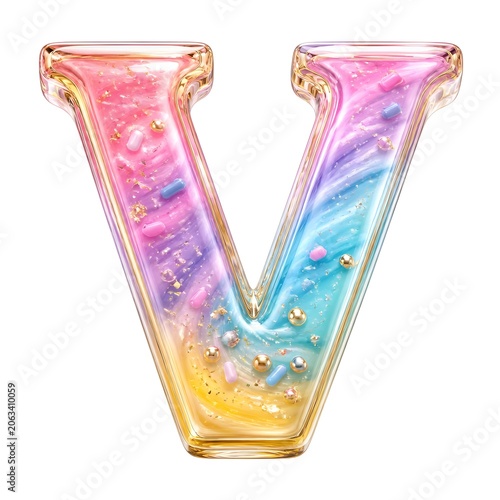 Glossy rainbow letter V with gold frame and sprinkles