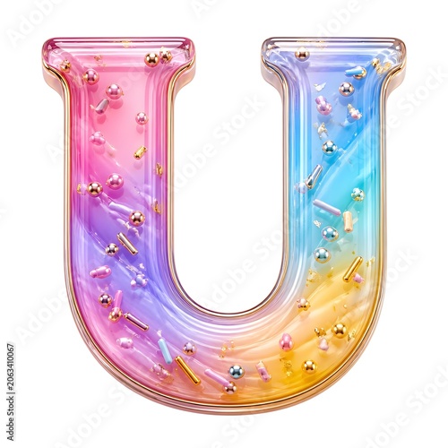 Glossy rainbow letter U with gold border and decorations