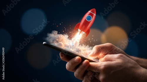 Hand holding smartphone with glowing futuristic hologram interface in dark blue lighting