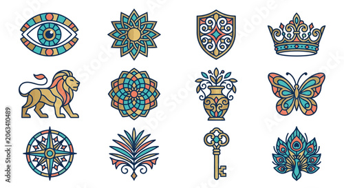 Fotografi Colorful ornate icons and symbols set.