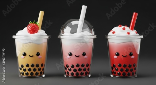 Three Cute Bubble Tea Cups with Straws
