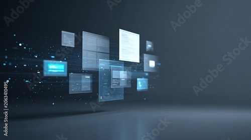 Abstract data visualization with floating digital interface panels