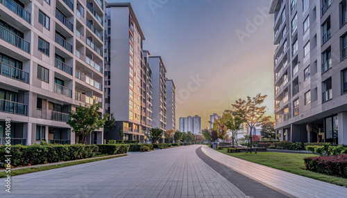 Modern Korean Apartment Complex with Walkway at Sunset