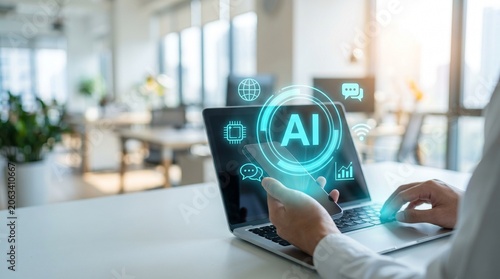 Professional using artificial intelligence on laptop in bright modern office with futuristic hologram display