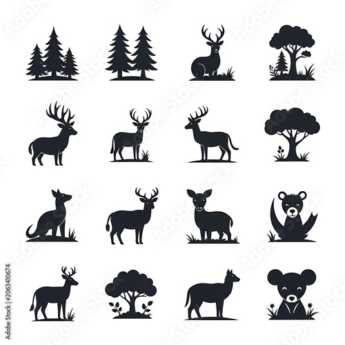 Silhouettes of various animals in black and white.
