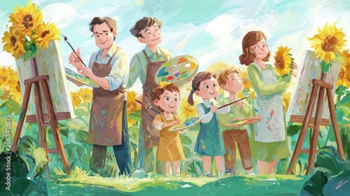 Happy family painting sunflowers