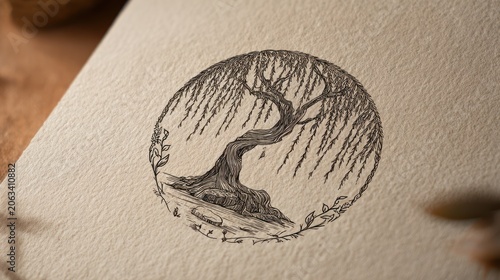 Circular, intricate drawing of a weeping willow tree