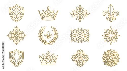 Photos Golden ornate heraldic emblems and crests.