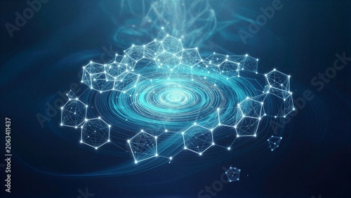 Blue glowing hexagonal network swirls in cosmic space, radiating energy and light.