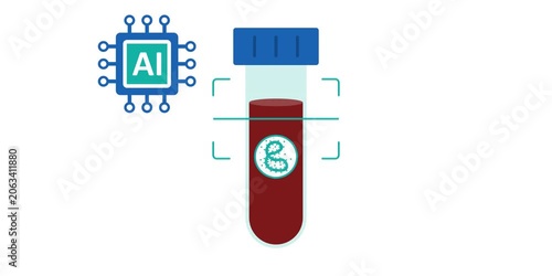 Blood collection vial inside scanning frame with virus indicator and artificial intelligence element. Clinical diagnostics and pathogen screening concept scene. Healthcare technology graphic.