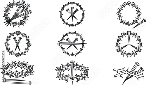 Fotografie Crown of thorns and nail collection featuring Christian religious symbols of cru