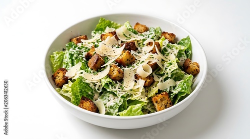 Fresh green salad with chickpeas and herbs in white bowl.