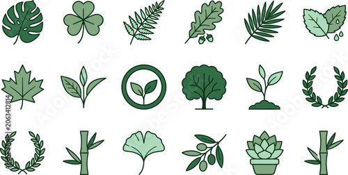 Konstfotografi Eco nature icon collection featuring leaves trees plants and botanical symbols f