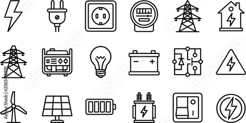 Canvastavla Electric power and renewable energy line icons set featuring electricity generat