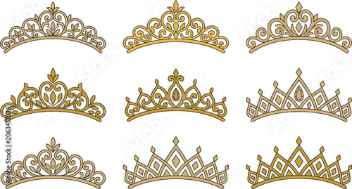Foto Elegant Golden Tiara Collection Set with Ornamental Princess Crowns, Luxury Roya