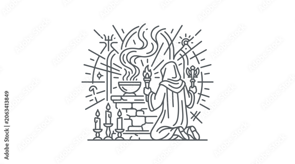 Obraz premium Devout figure kneeling in prayer before an ornate altar.
