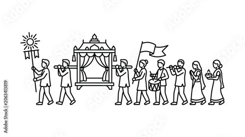 Foto Cultural festival parade with temple palanquin line art.