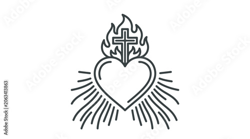 Photos Flaming heart of faith with cross line art icon.