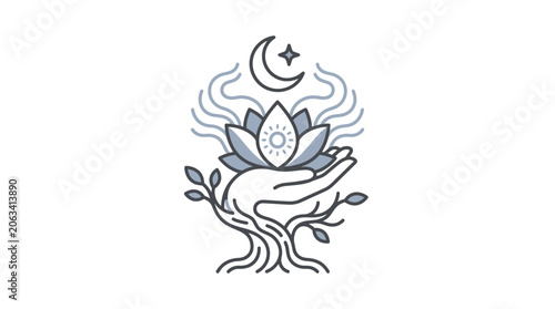 Hand holding lotus flower with moon and stars line art.