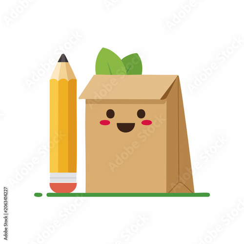 Smiling paper bag with pencil and green leaves illustration