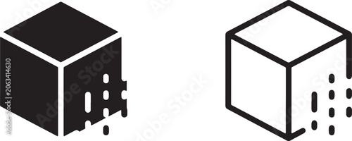 Konstfotografi Art & Illustration, Solid block shattering into pixels next to wireframe 3D cube